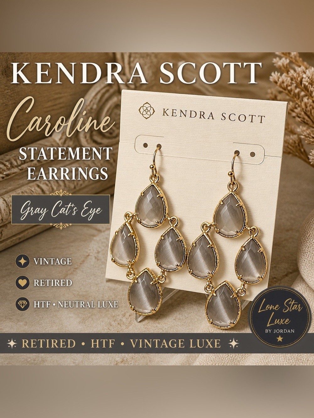 Vintage Kendra Scott Caroline Earrings Gray Slate Cat Eye Gold Retired HTF Luxe